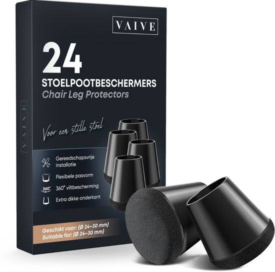 Vaive Stoelpoot Beschermers Rond met Vilt – 24 Stuks – Stoelpootdoppen Ø24-30 mm – Vloerbescherming voor Stoelen - Zwart