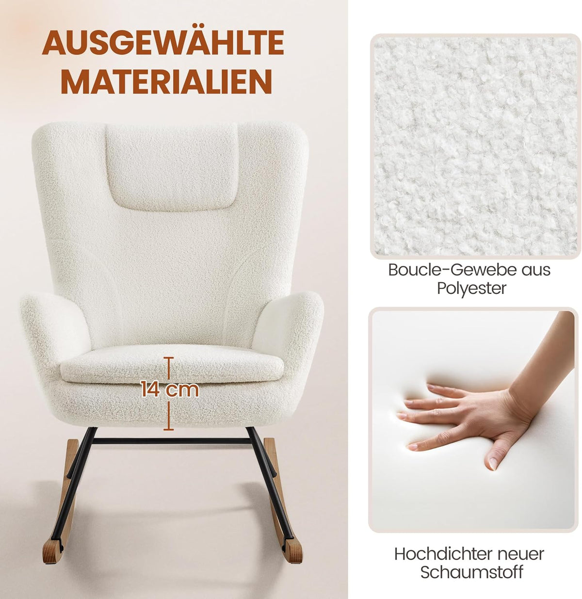 Yaheetech Schommelstoel Boucle Wit met Opklapbare Rugleuning - 82,5 x 70 x 95,5 cm