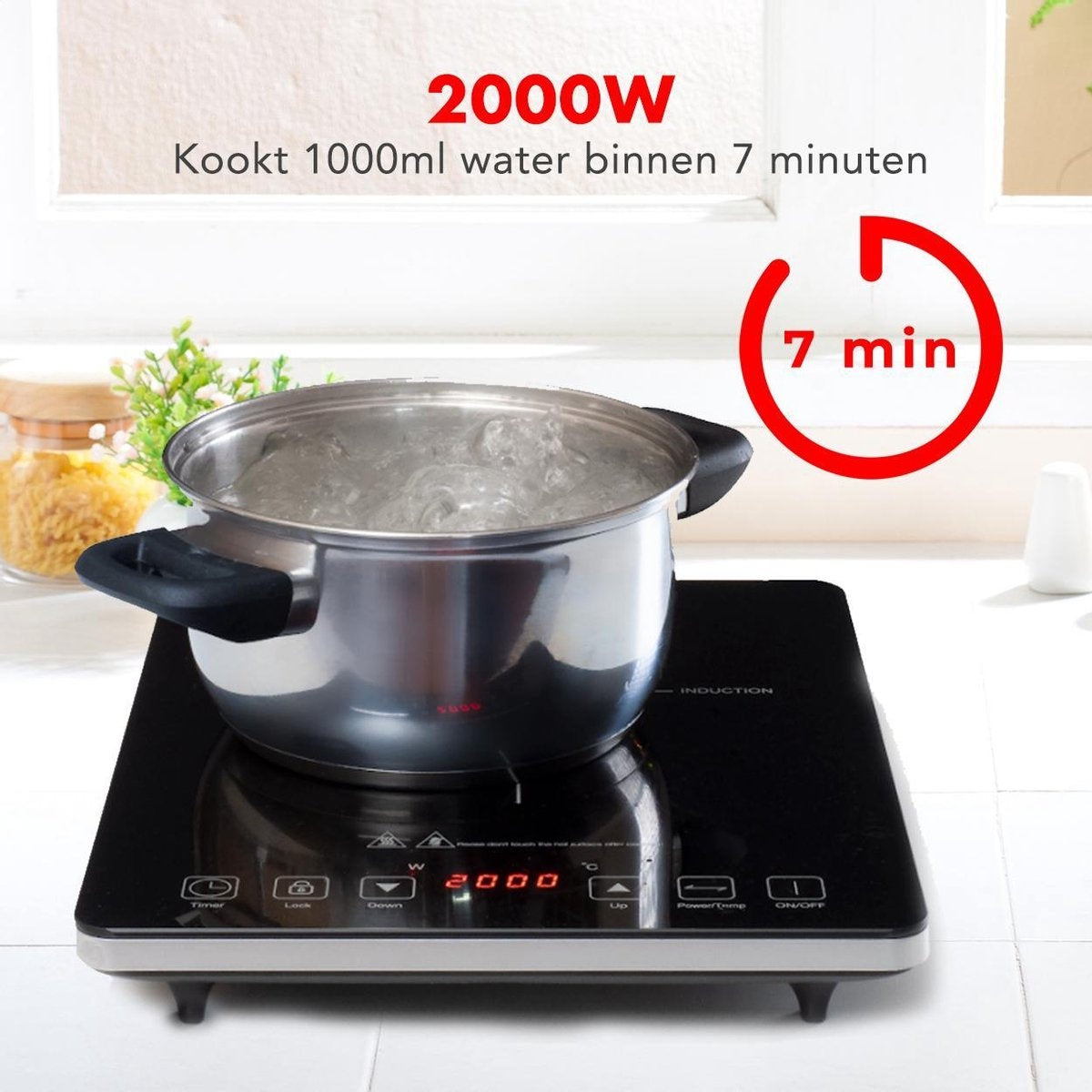 KitchenBrothers Inductie Kookplaat - 1 Pits - Vrijstaand - 2000W - Zwart