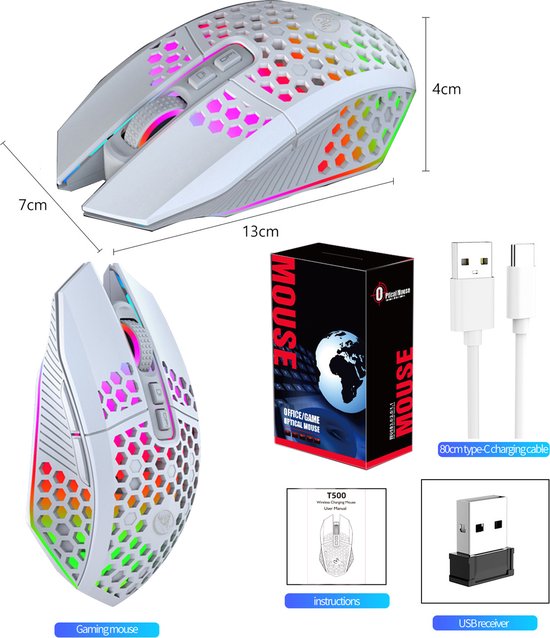 HXSJ T500 - Draadloze Gaming Muis - Ultra licht - RGB Verlichting - Licht wit
