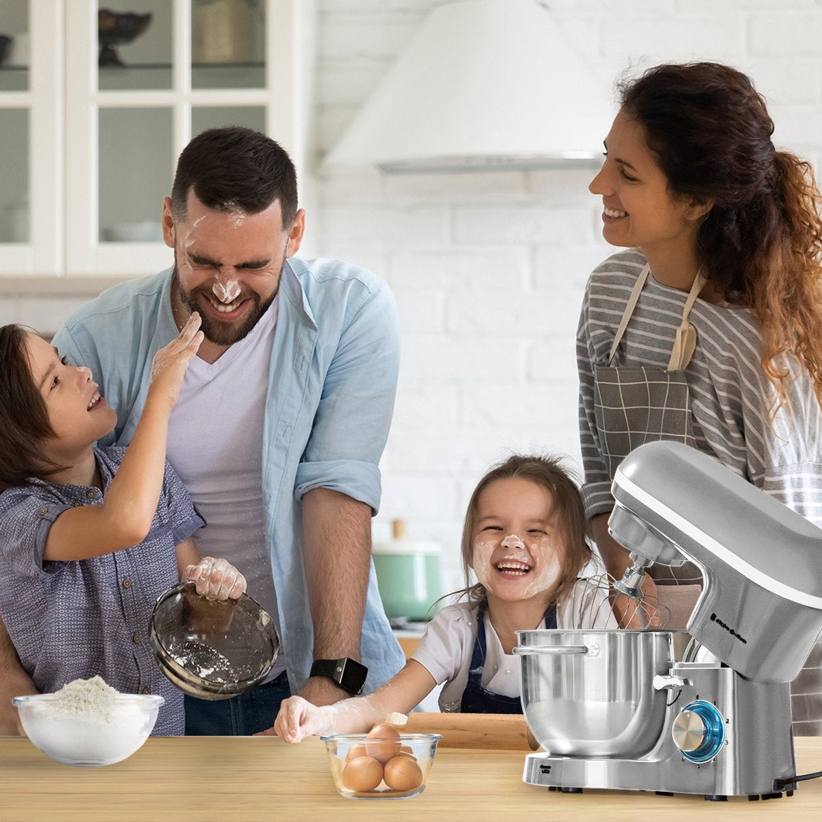 KitchenBrothers Keukenmachine & Mixer – 2000W – 6 Snelheden + Pulse – 6,2L RVS Mengkom – 38,7 x 23,8 x 31,4 cm – Zilver