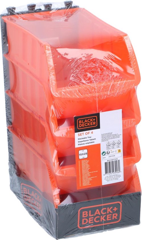 BLACK+DECKER Stapelbare Organizer Bakjes - 4 Stuks - Ideaal voor Gereedschap, Make-Up en Bureau Organisatie - 15 x 24 CM - Kunststof - Oranje