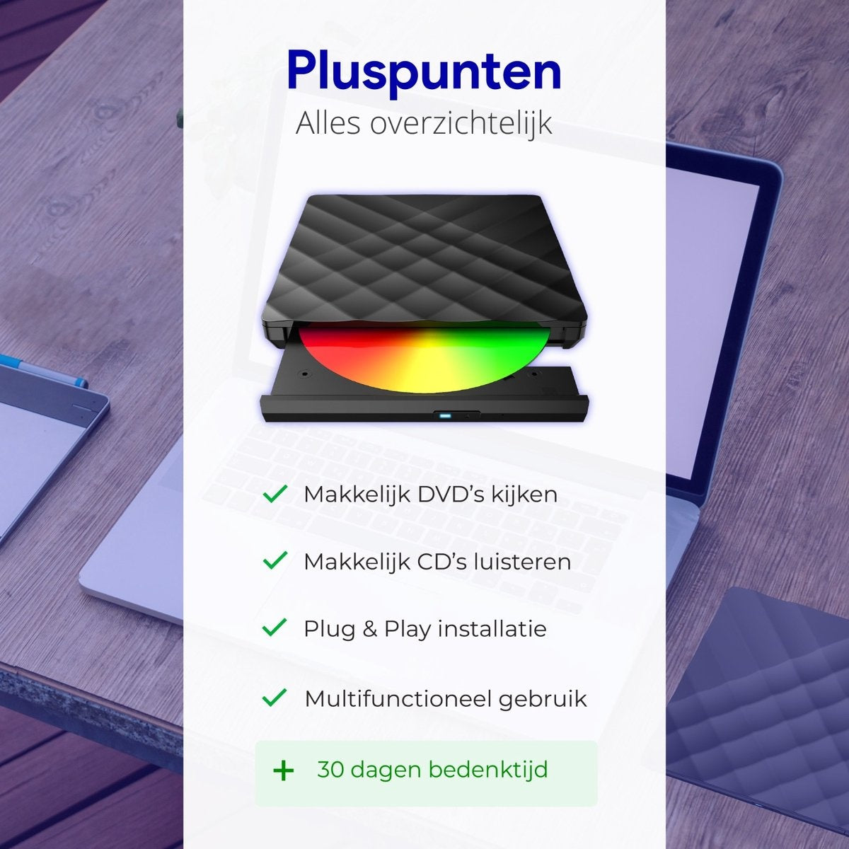 WADU externe DVD Speler voor laptop - Optical Drive & brander - DVD/CD Drive - Geschikt voor Laptop & Macbook - Mini USB en USB C