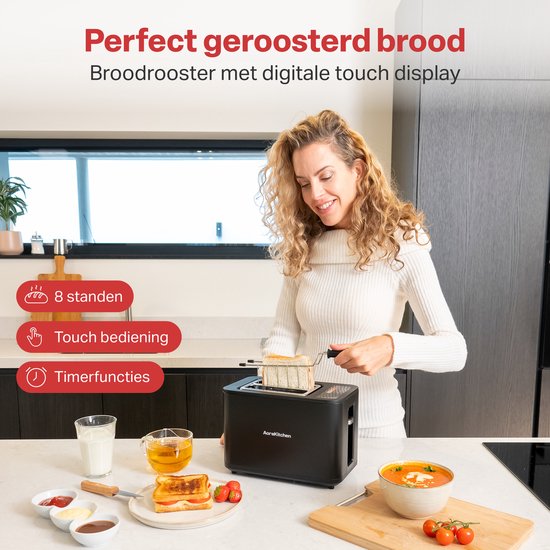 AoraKitchen Broodrooster met Tostiklemmen - 6 Warmteniveaus - Led Scherm - Toaster - Timer - Zwart