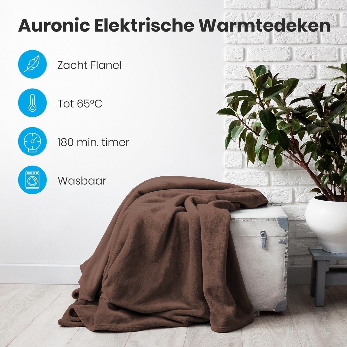 Auronic Elektrische Warmtedeken - 1 Persoons - 3 Warmtestanden - met Timer - 160 x 120cm - Bruin