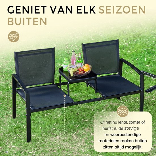 O'DADDY® Tuinbank - Tuinbankjes Weerbestendig - Tuinbanken - Tuin Bank - Tuinbank met Tafel - Buitenbank - Voor 2 Personen - 142 x 57 x 82 cm - Metaal - Zwart