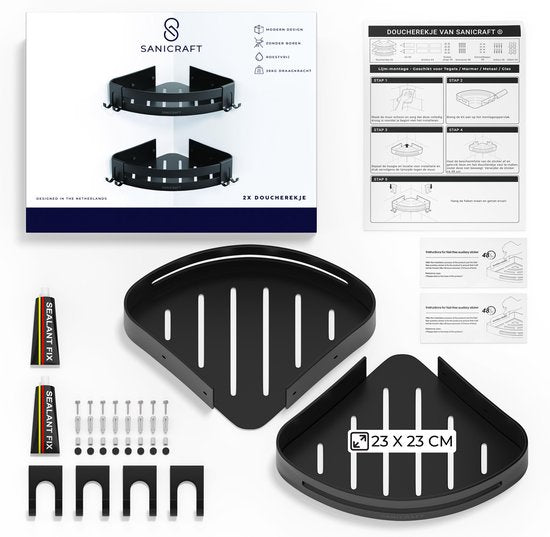Sanicraft® - Doucherek - Doucherek zonder Boren - Geschikt voor elk type Muur - Doucherek Hangend - Doucherek Zwart - Doucherekje - Doucheplank - Roestvrij - 2 Stuks