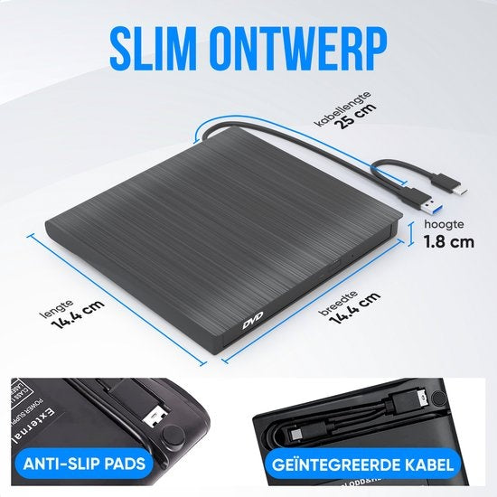 Strex Externe DVD Speler En Brander - Met Hoes - CD/DVD - Plug & Play - USB 3.0 DVD Speler - Geschikt voor Windows, Mac en Linux - Optical Drive