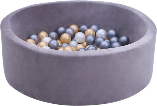 Sunny Boaz Ballenbak inclusief 160 ballen Velvet Grijs – Wit/Grijs/Goud Ø7cm ballen – Ballenbad rond Ø90x30cm