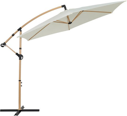 Zwevende / Hangende Parasol - Creme - 300 cm breed - 250 cm Hoog - Houtlook - incl. hoes