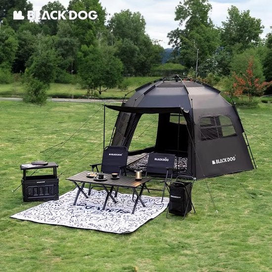 Black Dog Dome Tent - Hoogwaardige kampeertent voor 6-8 personen - Hexagonaal automatisch - Draagbare familietent - Opvouwbaar vinyl - Bescherming tegen zon en regen - Zwart
