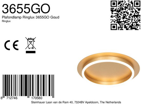 Plafonnieres Ringlux 3655GO gouden plafondlamp Ø32cm met geïntegreerde LED verlichting van Steinhauer