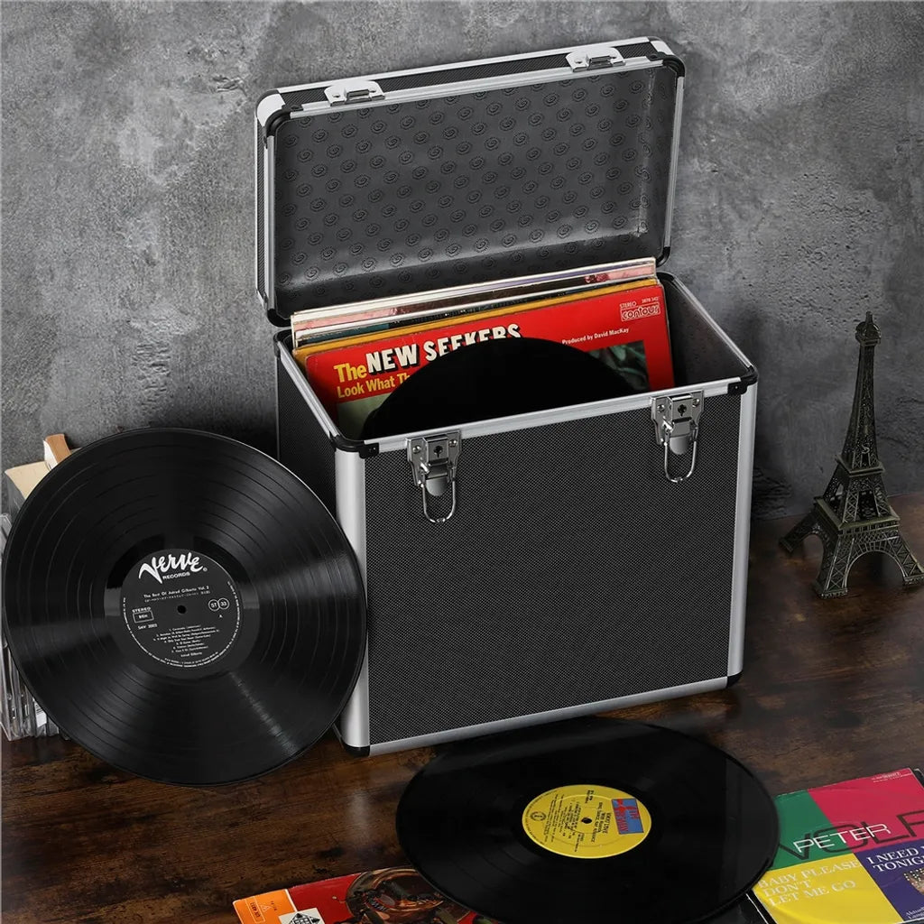 Yaheetech LP Koffer voor 50 Vinylplaten - Zwart - Afsluitbare Platenkoffer met Handgreep