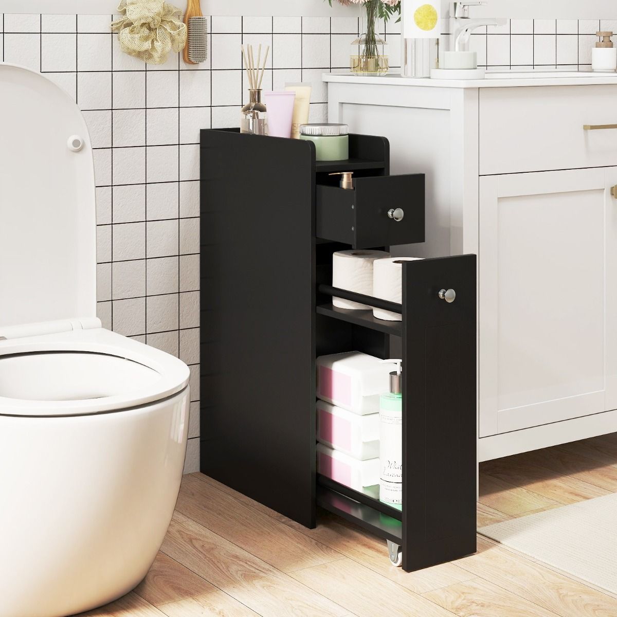 Coast Badkamerkast Smal - 4 niveaus - Uitschuifbare lades op wieltjes - Wit 40 x 18 x 70 cm