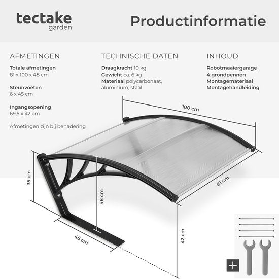 tectake® Garage voor Robotmaaier - Grasmaaier Carport - Robot Maaier Laadstation Afdak - Weerbestendig - 81 x 100 x 48 cm - Inclusief 4 Grondpennen - Transparant