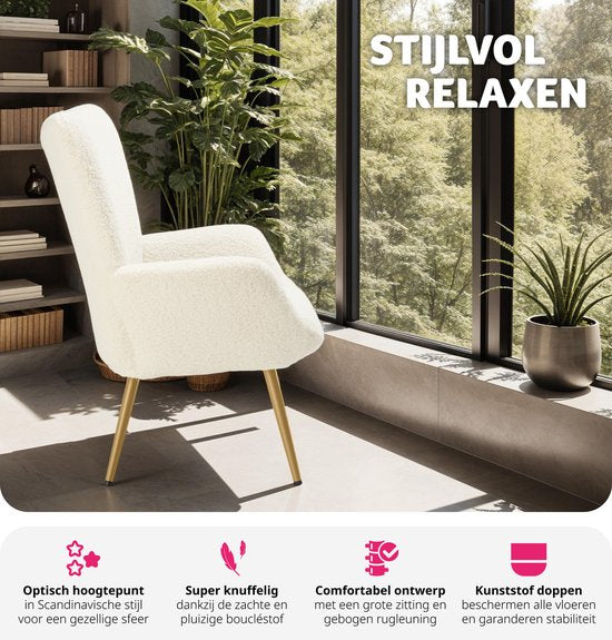tectake® Oorfauteuil in Scandinavische stijl - Teddystoel Hygge - Stoel voor woonkamer, slaapkamer - Loungefauteuil - Goud metalen poten - Draagvermogen tot 150 kg - Crème