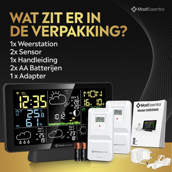 MostEssential Weerstation Wifi Edition - Draadloos Weerstation met Buitensensor - Hygrometer - Binnen en Buiten - 150 Meter Bereik - Inclusief App - Zwart - 2 sensors