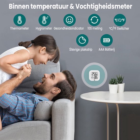 Ease Electronicz Hygrometer - Weerstation - Luchtvochtigheidsmeter - Thermometer Voor Binnen - Incl. Batterij en Plakstrip