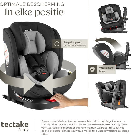 tectake® Draaibare Autostoel - Kinderstoel - i-Size goedkeuring - Isofix autostoel - Zitverhoger - Kinderzitje auto - Autostoeltje - 5-punts-gordel - Vanaf geboorte tot 150cm/36kg