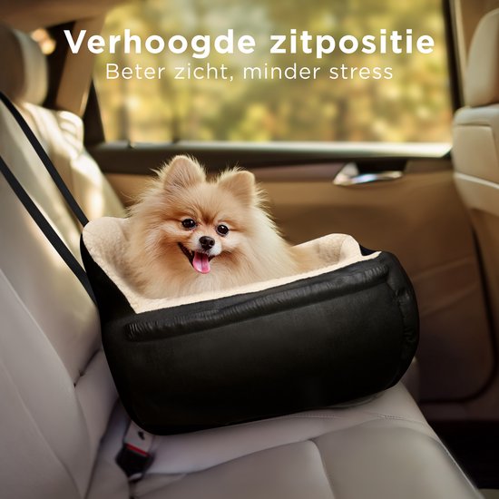 CozySense® Honden Autostoel - Hondenmand Auto voor Kleine Hond - Voorbank & Achterbank - Met Veiligheidsriem, Opbergvak & Wasbare Hoes - Zwart/Beige