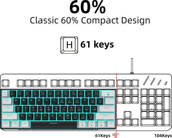 HXSJ V900 - Bedrade Gaming Toetsenbord - Mechanisch - RGB - Blue Switch - 61 Keys - QWERTY Toetsenborden - Zwart wit