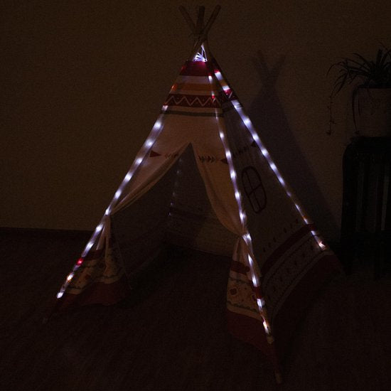Sunny LED Tipi Tent Rood/wit - 60 LED lampjes - FSC houten palen - 120 x 120 x 160 cm