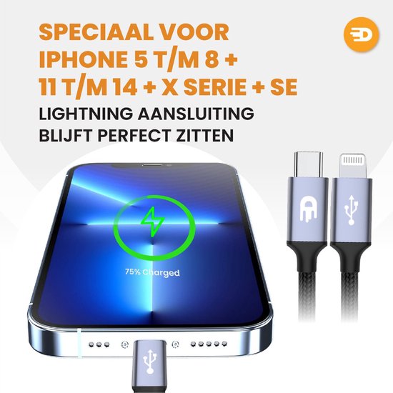 Drivv. USB C Oplaadkabel geschikt voor iPhone & Apple - USB C naar 8 Pin Kabel - Snellader - Oplader kabel - Nylon - Grijs - 3 meter
