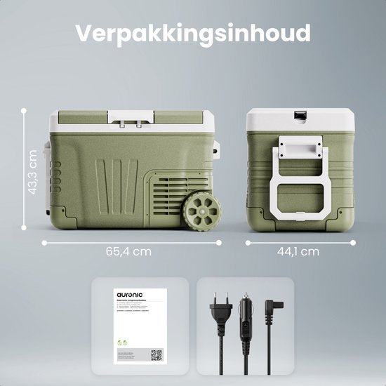 Auronic Elektrische Koelbox - Compressor - 2 Zones - 33L - 12/24V en 240V - Koelen en Vriezen - Camping Koelkast - Frigobox Auto - Met Wielen en Hendel - Groen