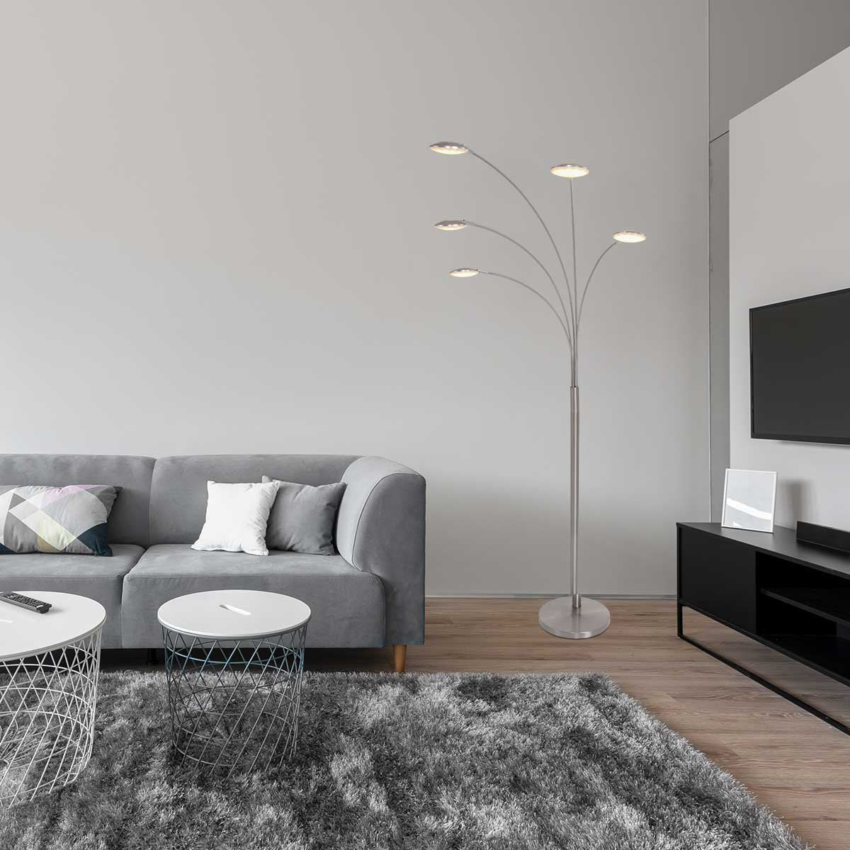 Vloerlamp Synna 1327ST – Draaibaar, dimbare LED booglamp van staal en glas, Modern design, Mexlite, met 5 lichtbronnen (4.5W) en snoer van 235 cm