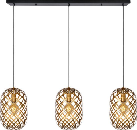Lucide Wolfram Industriële Hanglamp – 3 Lichtpunten – Verstelbare Hoogte 40–155 cm – LED Geschikt – 110 × 25 × 150 cm – Mat Goud / Messing