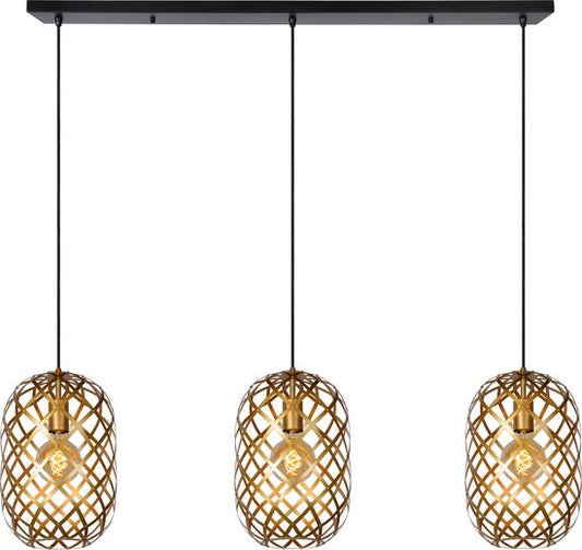 Lucide Wolfram Industriële Hanglamp – 3 Lichtpunten – Verstelbare Hoogte 40–155 cm – LED Geschikt – 110 × 25 × 150 cm – Mat Goud / Messing