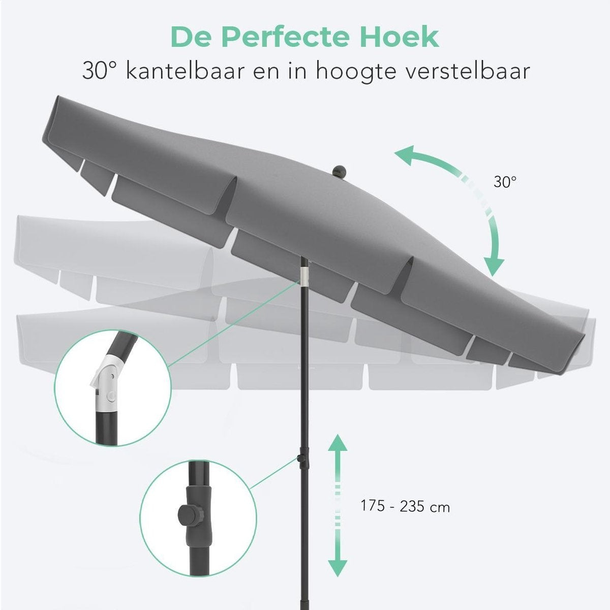 LifeGoods Parasol Vierkant – Incl. Hoes – 30° Kantelbaar – Donkergrijs – Verstelbaar tot 235 cm  - Zonder hoes Zwart