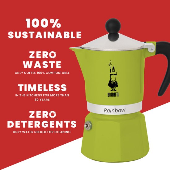 Bialetti Rainbow Percolator 1 Kops Groen – Espresso Maker – Aluminium – Italiaanse Koffiezetter – 60 ml
