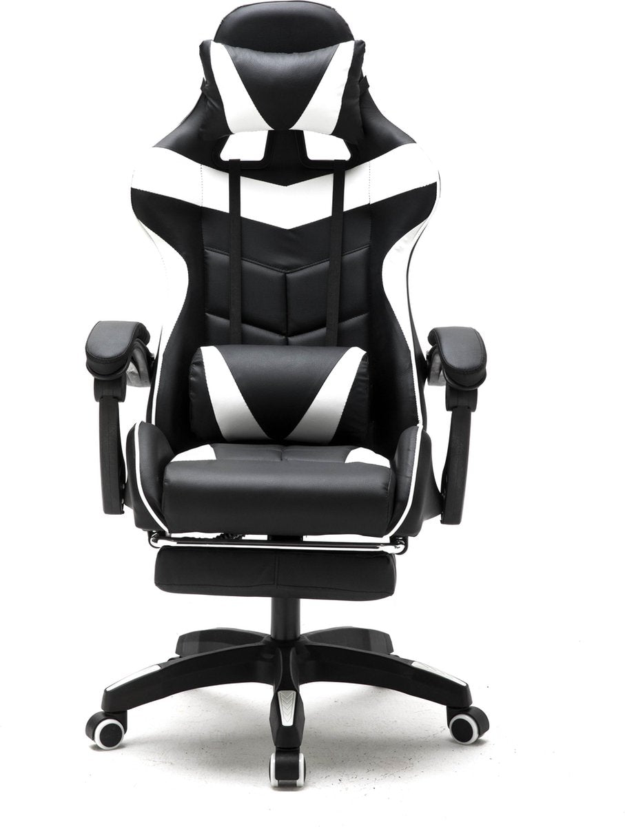 VDD Gamestoel - Uitschuifbaar - Max. 110kg - Incl. Nekkussen - 128 x 63 x 50cm - Zwart & Wit