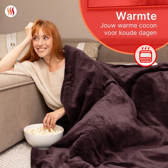 Seranova Elektrische Deken XXL - 180x160 cm - 2 persoons Bovendeken - Warmtedeken - Dubbelzijdig - Fleece Sherpa - Kastanjebruin