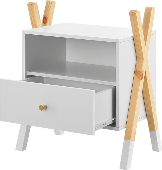 Houten Nachtkastje / Kindernachtkastje Jamie - Wit / Houtkleur - 1 Lade