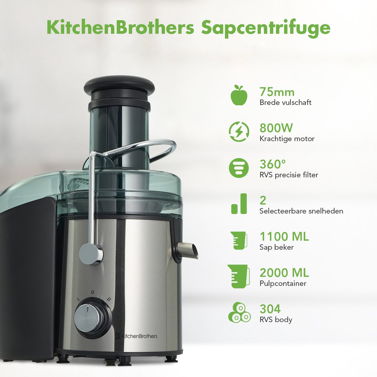 KitchenBrothers Sapcentrifuge - Voor Groenten en Fruit - 1100 ml - 800W - Zwart