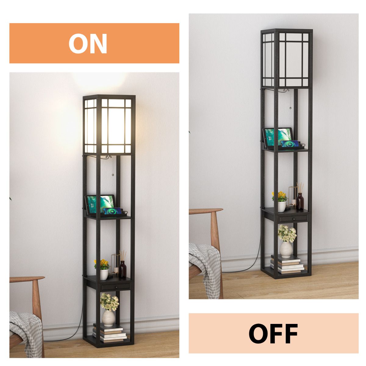Coast Staande Vloerlamp met 3 Open Vakken - 2 USB-Poorten - 26 x 26 x 161 cm - Zwart