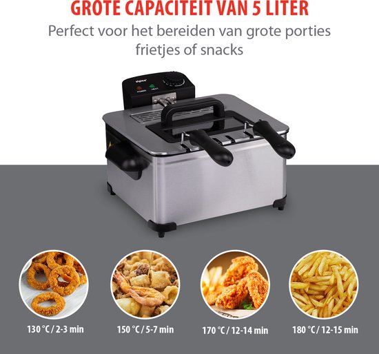 alpina Frituurpan Dubbel 5 Liter - Friteuse met Instelbare Thermostaat - Frituur met 3 Uitneembare Manden - Frietpan 2000W - 27,5 x 21,5 x 30,5 cm - RVS