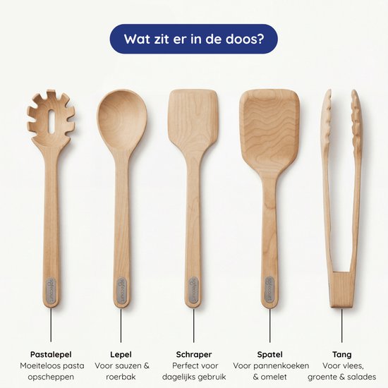 Safecourt Kitchen 5 delige houten spatelset [100% vrij van microplastics] - FSC-gecertificeerd berkenhout