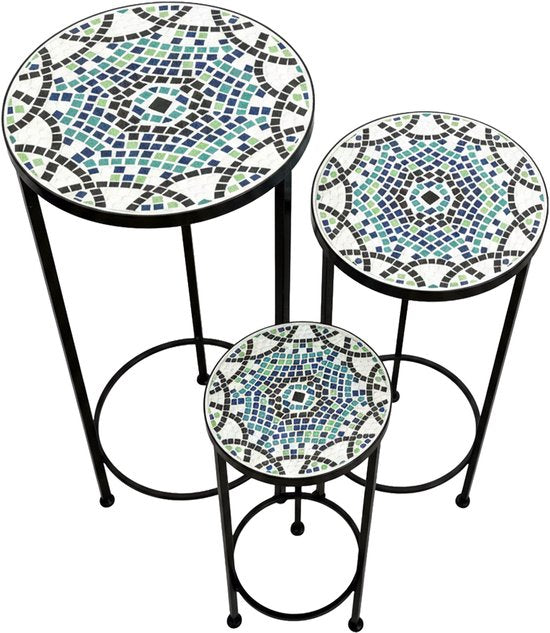 AXI Lola Mozaïek Plantentafel Rond Multikleur - Set 3 stuks – Bijzettafels - Diverse Afmetingen - Mozaïeklook – Ingelegd met keramische tegels – Voor binnen, tuin, terras en balkon