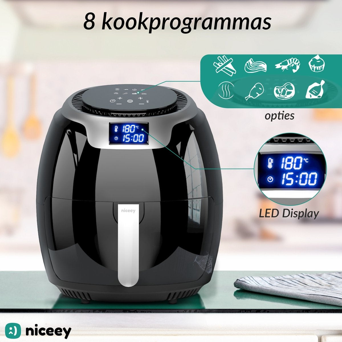 Niceey Airfryer XXL - Heteluchtfriteuse - 8L - 1800W - Zwart