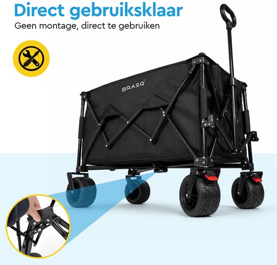 BRASQ Bolderkar Opvouwbaar - 165 Liter - 100 KG Draagkracht - Draaibare wielen mét rem - 90 x 52 x 110 cm - Verstelbare hendel - Inklapbare Bolderwagen - Zwart