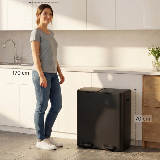 Bayt Prullenbak - Prullenbak 60 Liter (2x30) - Vuilnisbak 60 Liter - Pedaalemmer 60 Liter - Prullenbak Afvalscheiding - Prullenbak 2 Vakken - Afvalbak - RVS - Zwart