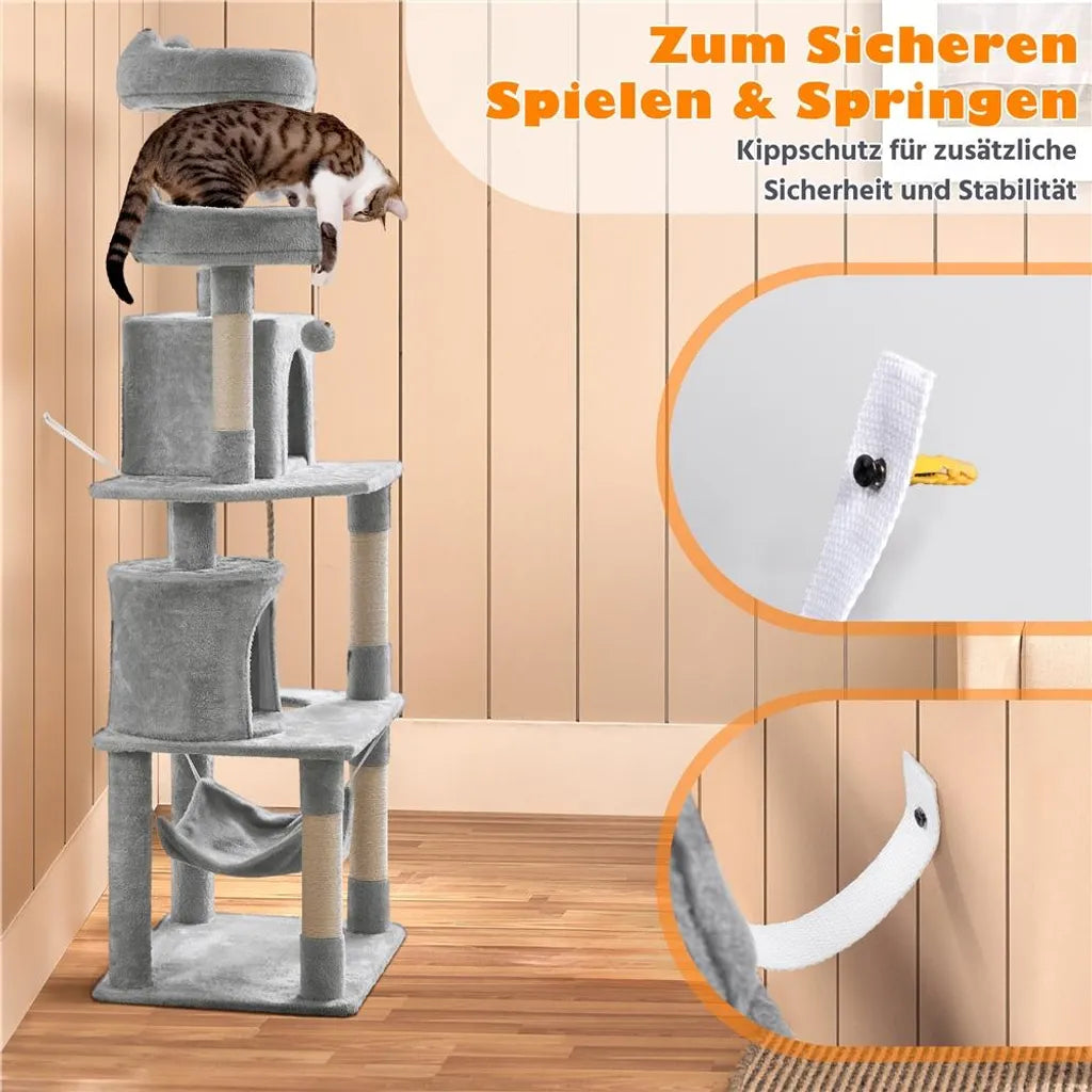 Yaheetech Grote Kattenkrabpaal met 2 Kattenhuisjes en Hangmat - Lichtgrijs - 181 cm