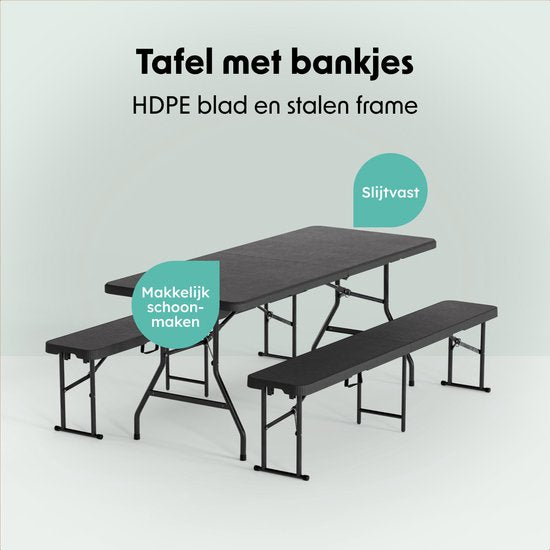LifeGoods Inklapbare Picknickset - 180cm x 74cm - Tuintafel met 2 Banken - Weerbestendig - Campingtafel - Biertafel Opklapbaar - Voor Binnen en Buiten - Voor 6 tot 8 Personen - Rattan Zwart