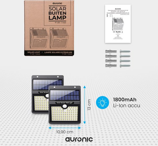 Auronic Solar Buitenlamp met Bewegingssensor - Tuinverlichting Op Zonne-energie - Wandlamp - 97 LED's - IP65 - 2 Stuks - Zwart