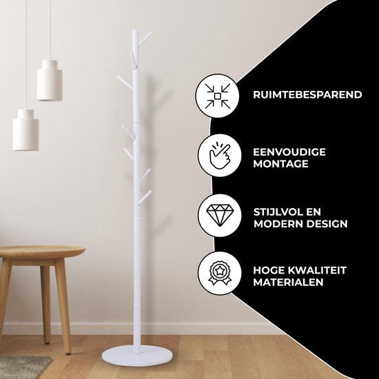 Bayt Kapstok - Staande kapstok - Kapstok Hout - Kapstok Staand - Garderoberek - 8 Haken - 175 cm - Wit