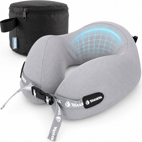 TRAVARA Nekkussen The Airhugger - Reiskussen - Voor Vliegtuig - Auto kussen - Traagschuim - Opblaasbaar en Memory Foam Combinatie - Lichtgrijs