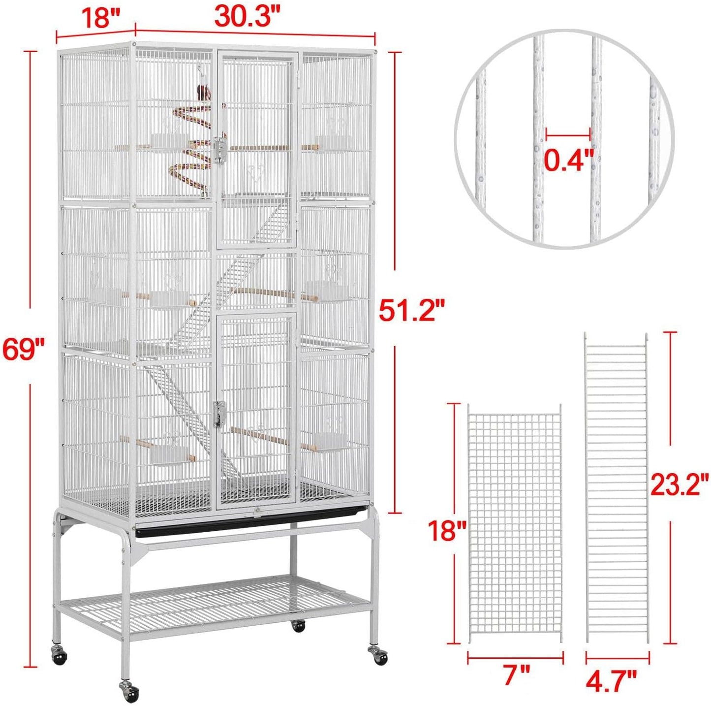 Yaheetech 175 cm Extra Grote Vogelkooi met Afneembare Standaard voor Middelgrote Papegaaien, Parkieten, Valkparkieten, Conures, Liefdesvogels, Grasparkieten en Finch – Wit